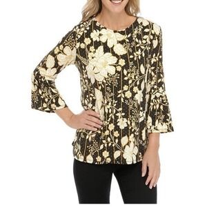 Ruby Rd Blouse Large Petite Bell Sleeve Scoop Neck Gold Tone Beads Career Work‎